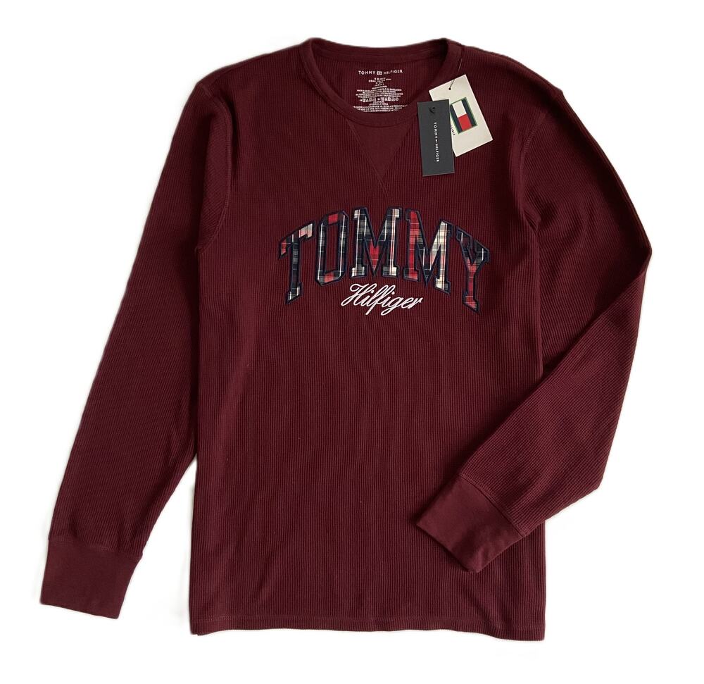 Tommy Hilfiger T-Shirt Men's Medium Long Sleeve Waffle-Knit Crew Neck Maroon NWT